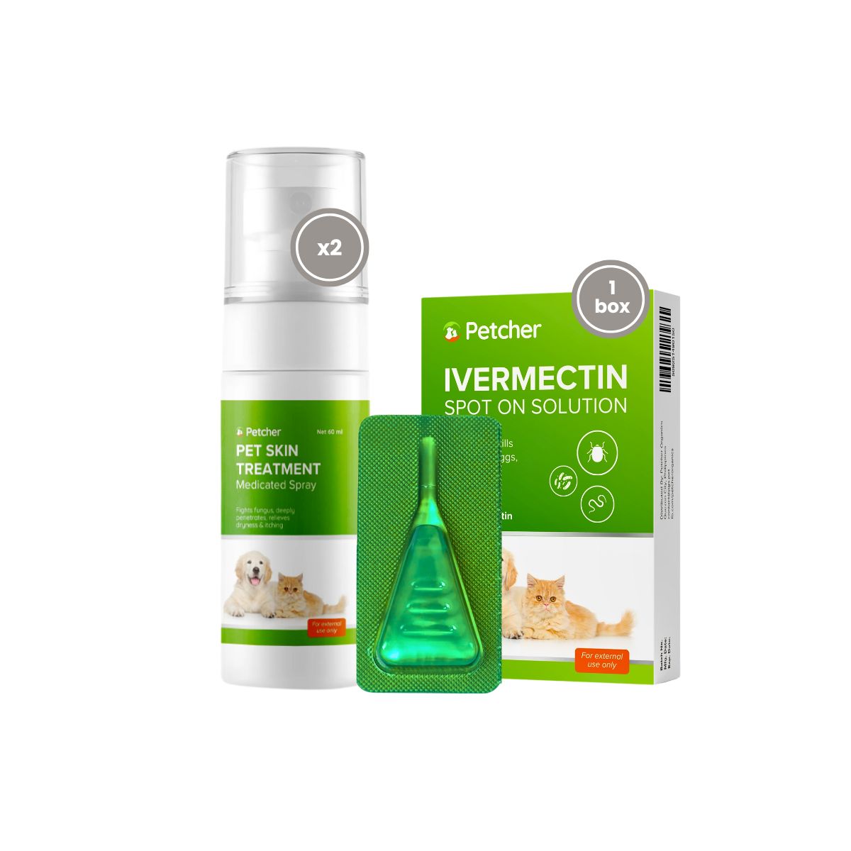 Petcher Ivermectin Spot On and Pet Skin Treatment Spray for Dogs & Cats