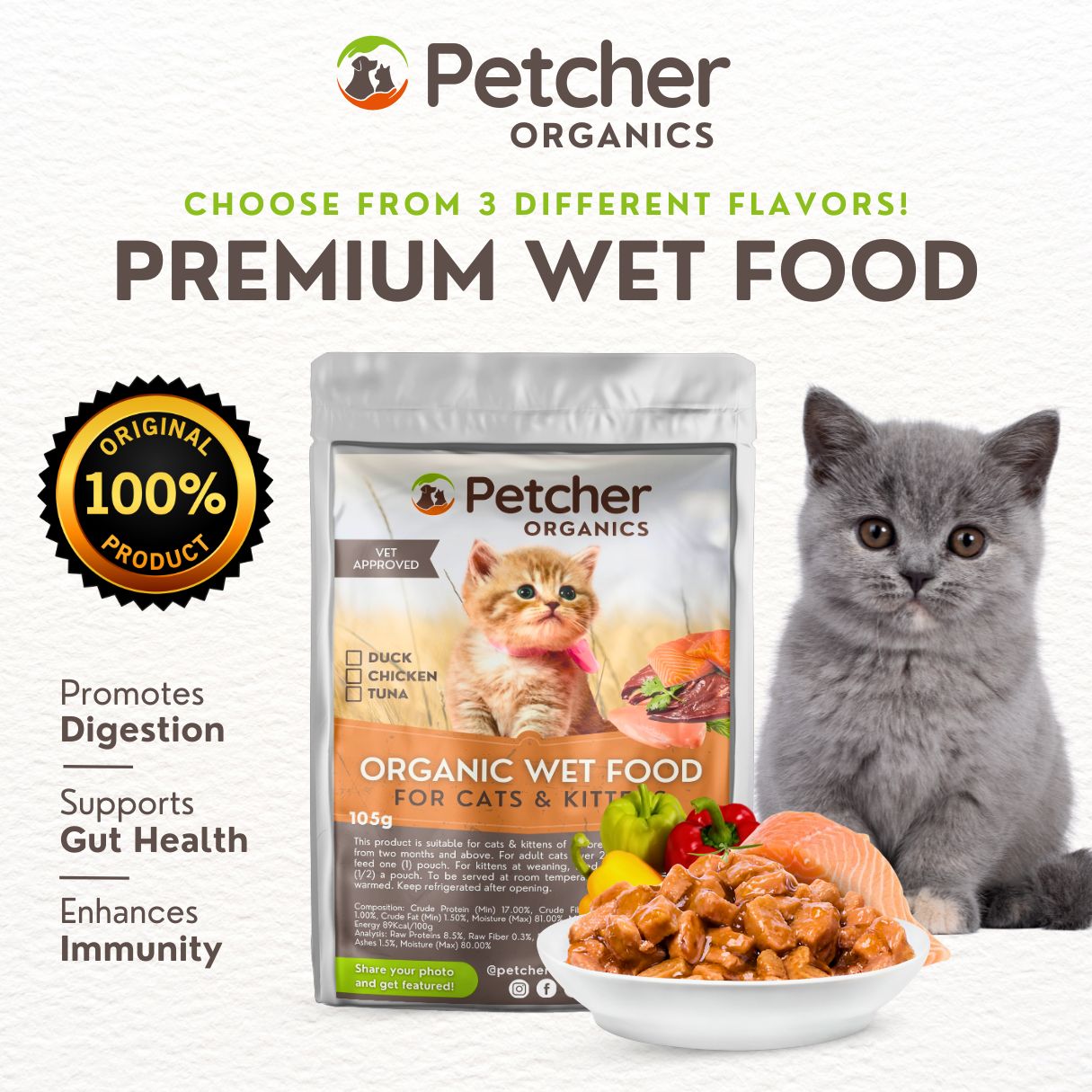 Petcher Wet Food Pouch for Cats and Kittens