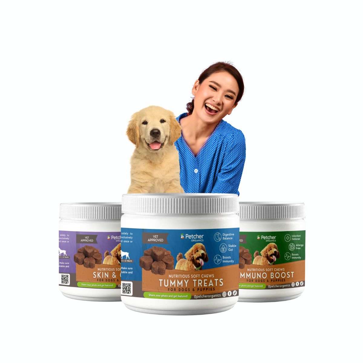 Petcher Bundle of 3 Soft Chews 300g Dog Treats for Immuno Boost, Skin and Coat, Healthy Tummy