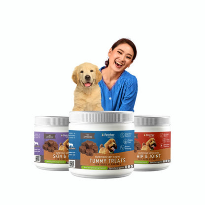 Petcher Bundle of 3 Soft Chews 300g Dog Treats for Happy Tummy, Joints, Skin and Coat