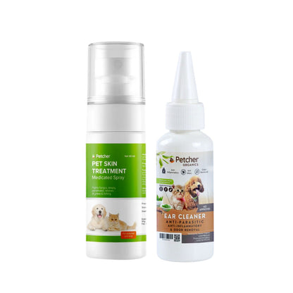 Petcher Ear Drops Cleanser and Skin Treatment for Dogs and Cats Bundle Care