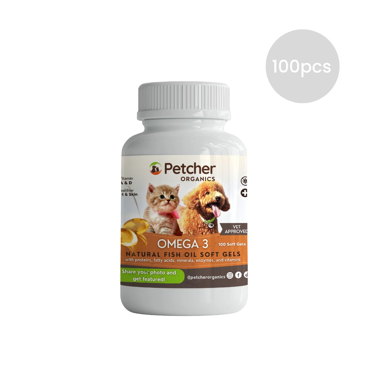 Petcher Omega 3 Fish Oil 100 Soft Gels for Dogs and Cats