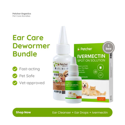 Petcher Ear Drops Cleanser and Ivermectin Spot On Bundle for Dogs Cats