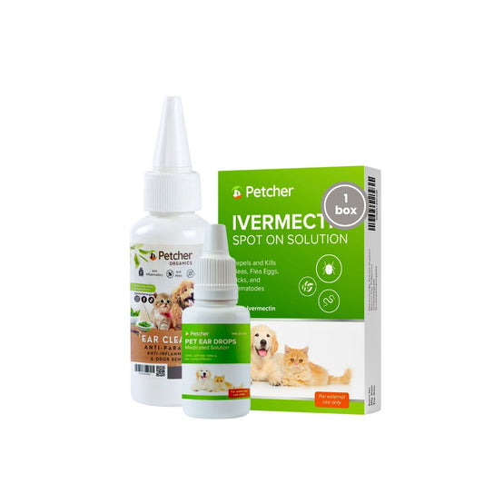 Petcher Ear Drops Cleanser and Ivermectin Spot On Bundle for Dogs Cats