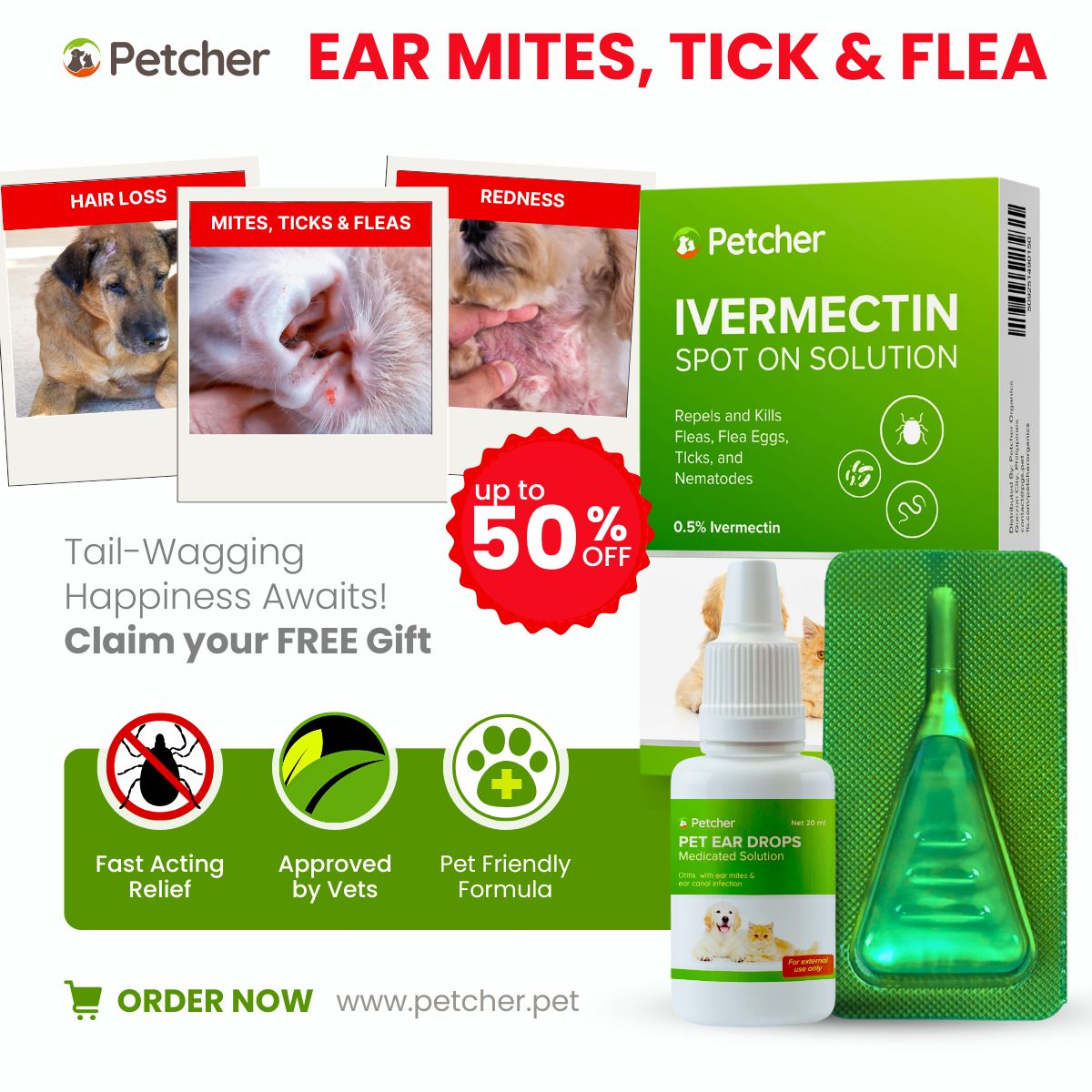 Petcher Ear Mite Bundle Tick and Flea Care Dewormer Spot On