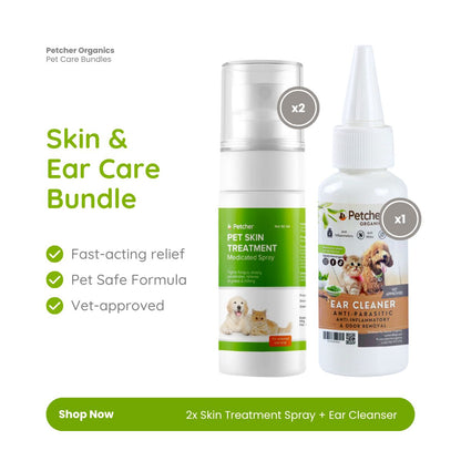 Petcher Ear Drops Cleanser and Skin Treatment for Dogs and Cats Bundle Care