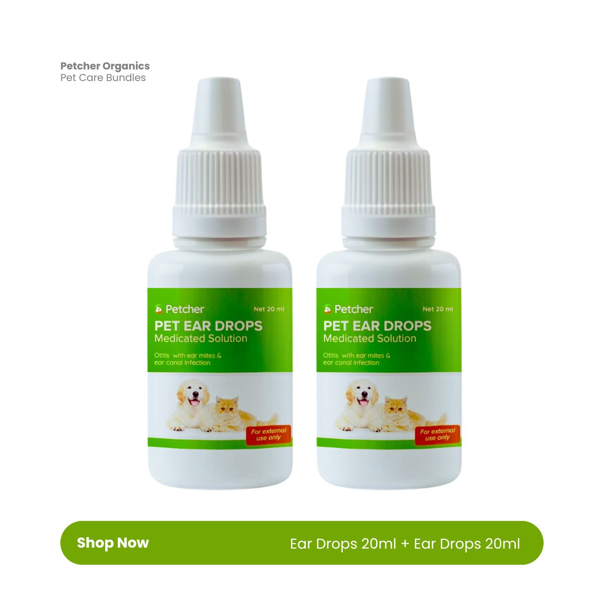 Petcher Ear Drops Cleanser 20ml Ear Mites and Odor Remover for Dogs and Cats