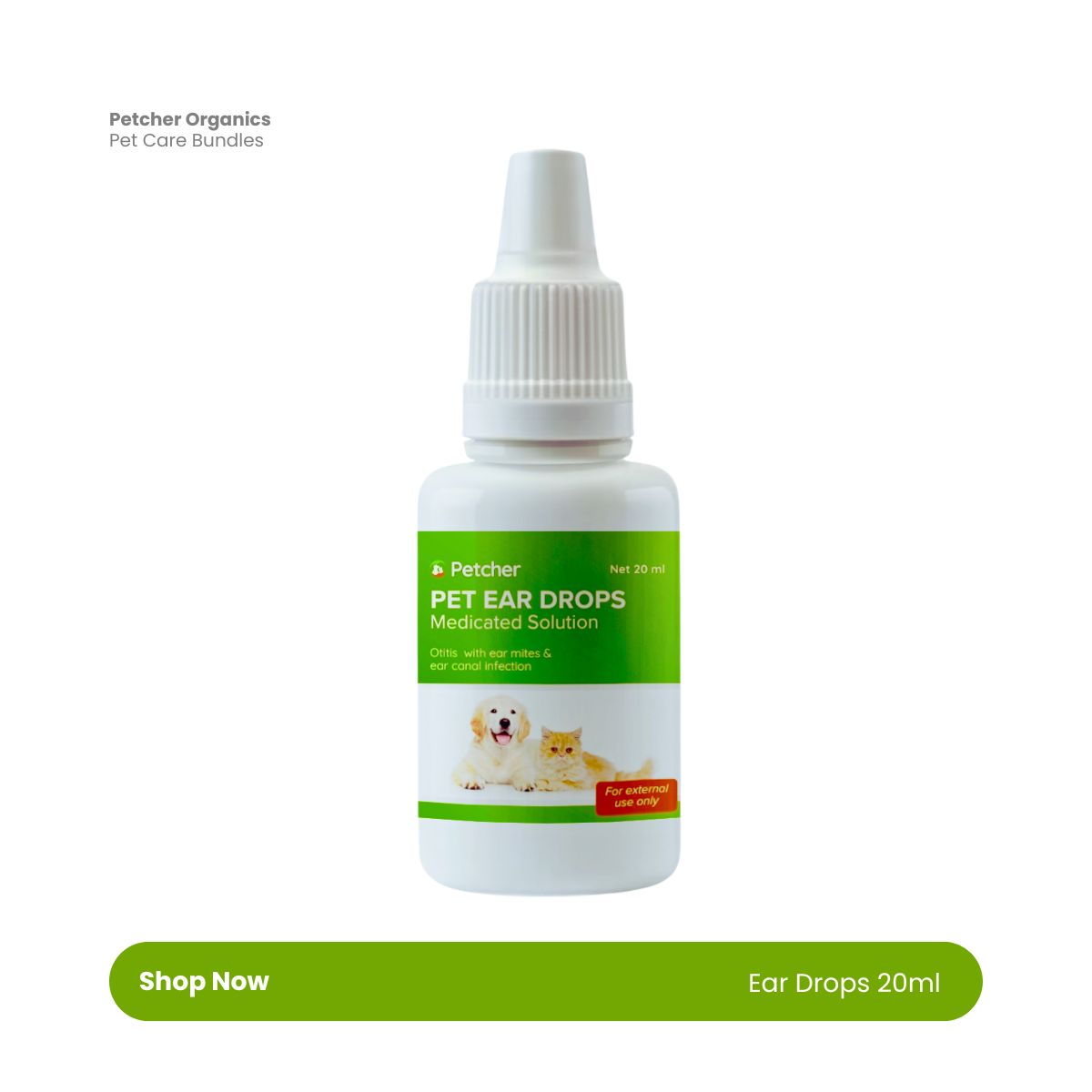 Petcher Ear Drops Cleanser 20ml Ear Mites and Odor Remover for Dogs and Cats