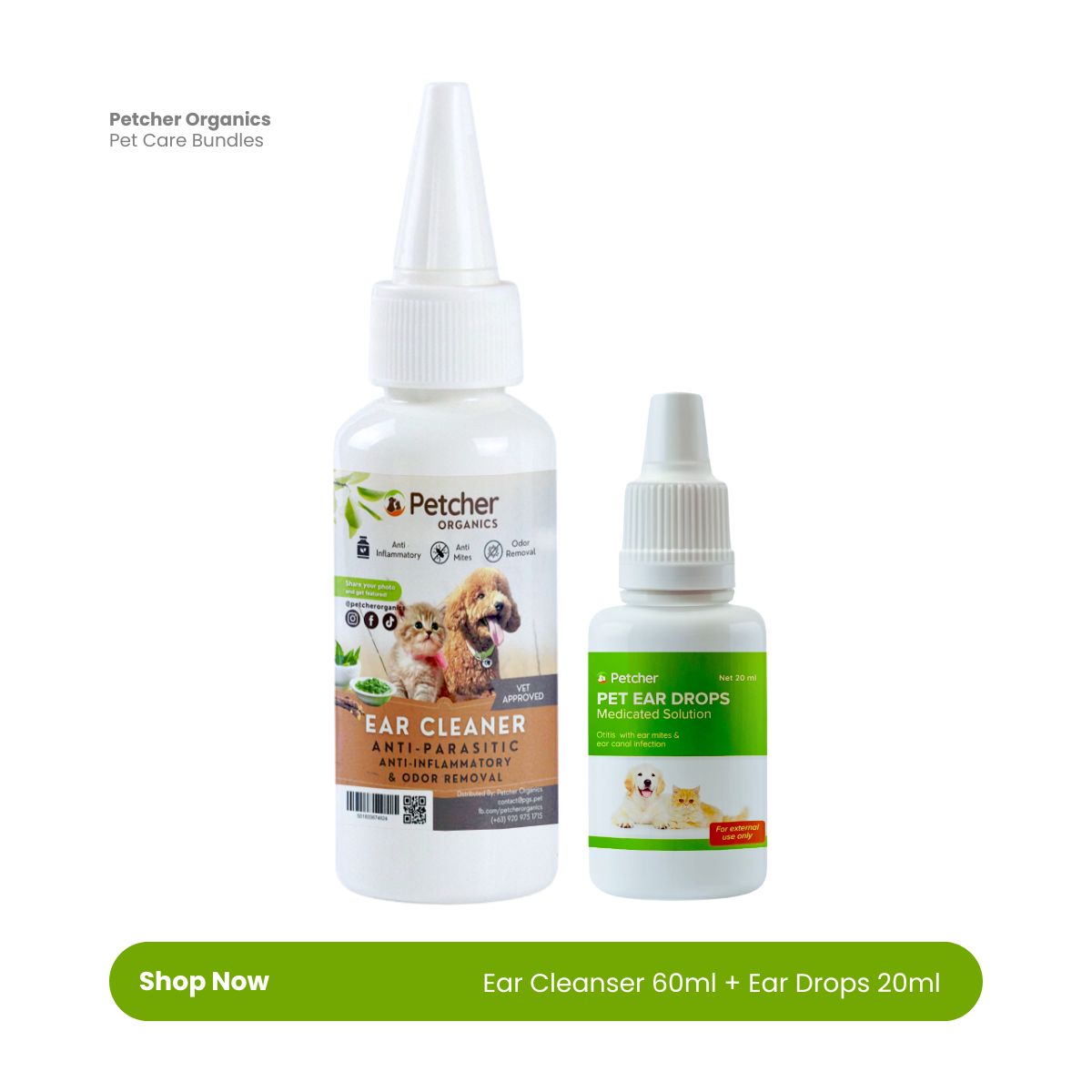 Petcher Ear Drops Cleanser 20ml Ear Mites and Odor Remover for Dogs and Cats