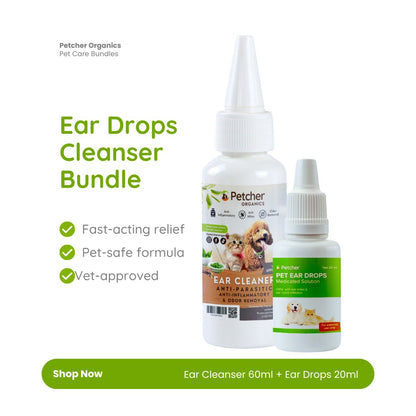 Petcher Ear Drops Cleanser 20ml Ear Mites and Odor Remover for Dogs and Cats