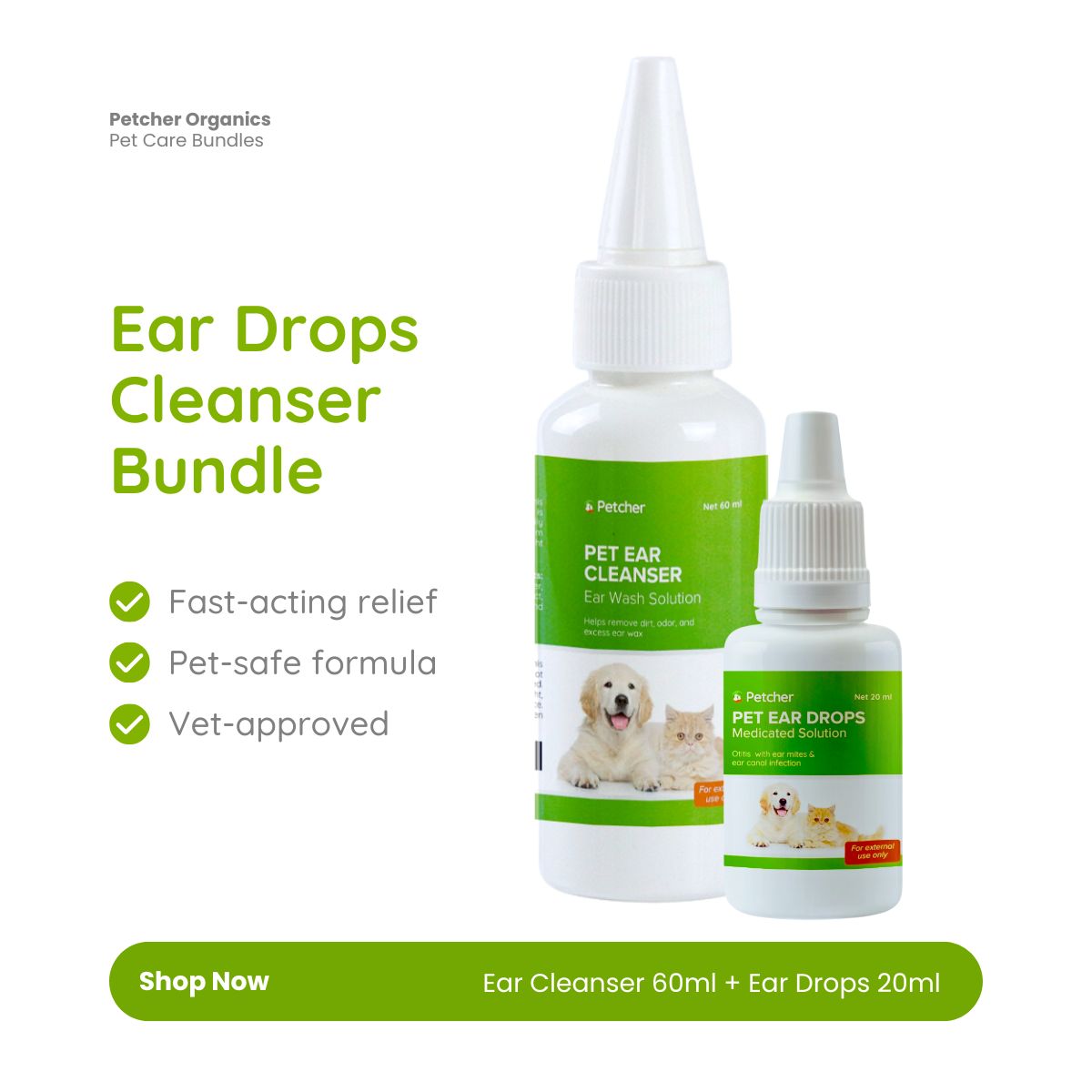 Petcher Ear Drops Cleanser and Skin Treatment for Dogs and Cats Bundle Care