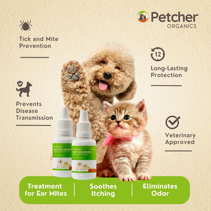 Petcher Pet Ear Drops 20ml Ear Mites and Itching Treatment for Dogs and Cats